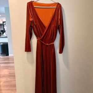 Burnt orange long sleeve velvet wrap dress